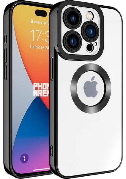 Case World Apple iPhone 15 Pro Max Kapak Yanları Renkli Lens Korumalı Logo Gösteren Şeffaf Luxury Silikon Kılıf - Siyah