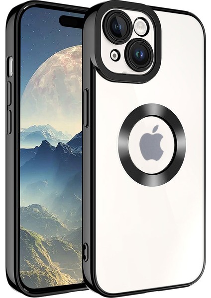 Case World Apple iPhone 15 Plus Kapak Yanları Renkli Lens Korumalı Logo Gösteren Şeffaf Luxury Silikon Kılıf - Siyah