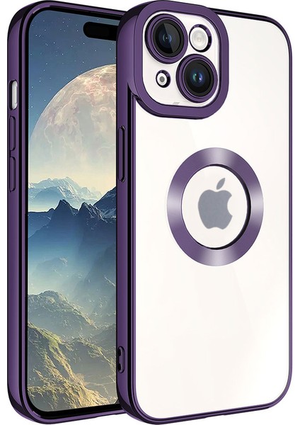 Case World Apple iPhone 15 Kapak Yanları Renkli Lens Korumalı Logo Gösteren Şeffaf Luxury Silikon Kılıf - Mor