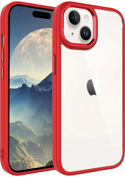 Case World Apple iPhone 15 Plus Kapak Metal Kamera Korumalı Arkası Şeffaf Silikon Kılıf - Kırmızı