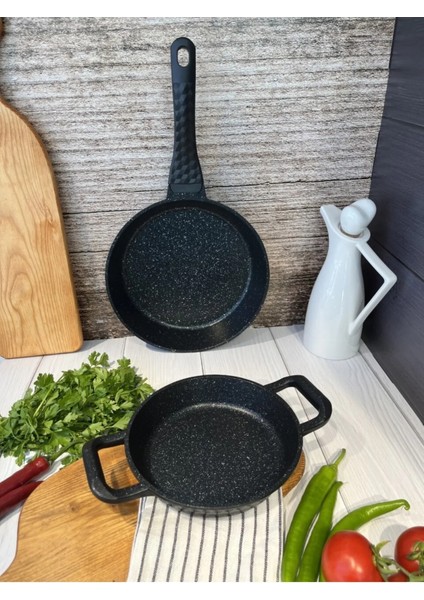 Döküm Tava ve Sahan Seti Yanmaz Yapışmaz Set Sahan 18 cm + Tava 24 cm 2'li