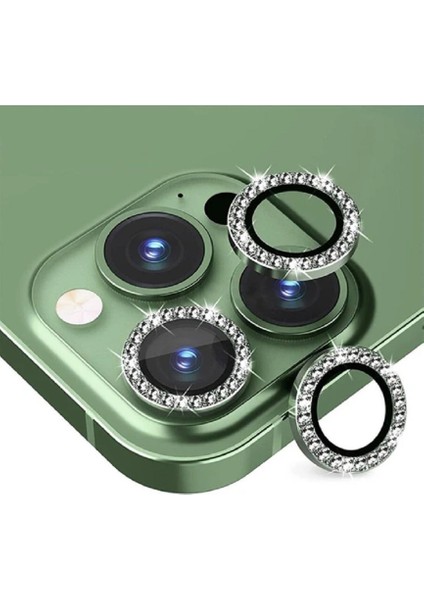 Iphone 13 Pro ve 13 Pro Max Yeşil (Deep Green) Uyumlu Swarovski Taşlı Kamera Lens Koruyucu Cam