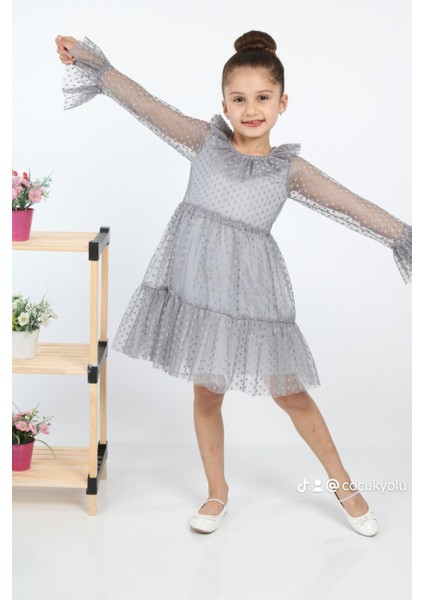 Çocukyolukids Puantiyeli Tüllü Gri Kız Çocuk Elbise A1111141111018