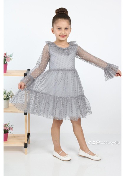 Çocukyolukids Puantiyeli Tüllü Gri Kız Çocuk Elbise A1111141111018