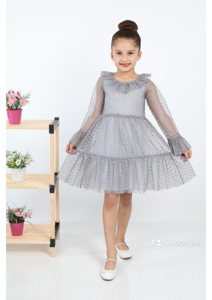Çocukyolukids Puantiyeli Tüllü Gri Kız Çocuk Elbise A1111141111018 modelleri