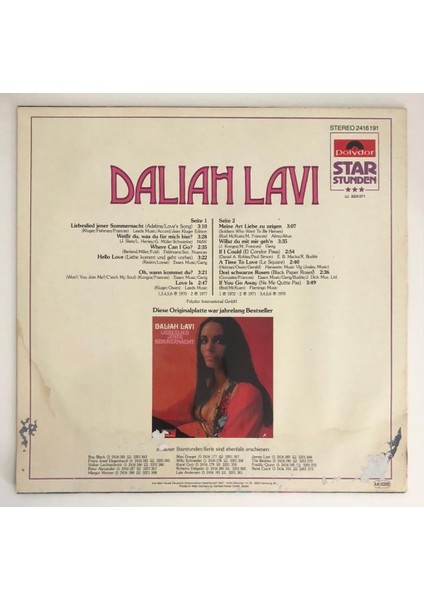 Daliah Lavi Liebeslied Jener Sommernacht Lp Plak (Orjinal 1977 Alman Baskı)