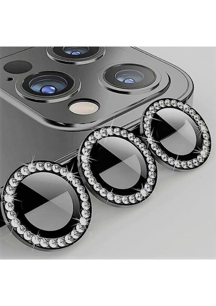 Iphone 12 Pro Max Siyah Uyumlu Swarovski Taşlı Kamera Lens Koruyucu Cam