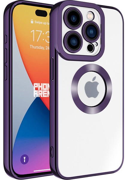 Apple iPhone 15 Pro Max Kapak Yanları Renkli Lens Korumalı Logo Gösteren Şeffaf Luxury Silikon Kılıf - Mor