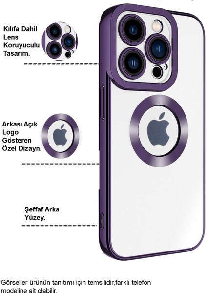 Apple iPhone 15 Pro Max Kapak Yanları Renkli Lens Korumalı Logo Gösteren Şeffaf Luxury Silikon Kılıf - Mor