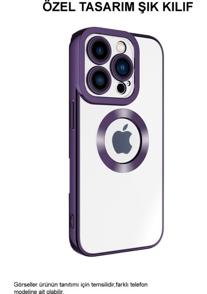 Apple iPhone 15 Pro Max Kapak Yanları Renkli Lens Korumalı Logo Gösteren Şeffaf Luxury Silikon Kılıf - Mor