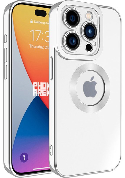 Apple iPhone 15 Pro Kapak Yanları Renkli Lens Korumalı Logo Gösteren Şeffaf Luxury Silikon Kılıf - Gümüş