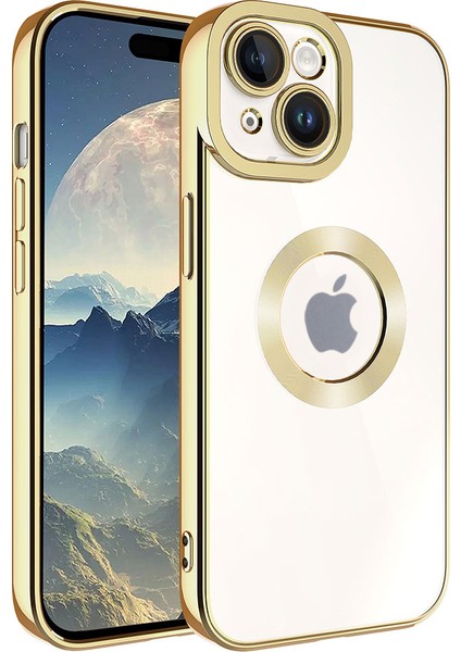 Apple iPhone 15 Kapak Yanları Renkli Lens Korumalı Logo Gösteren Şeffaf Luxury Silikon Kılıf - Gold