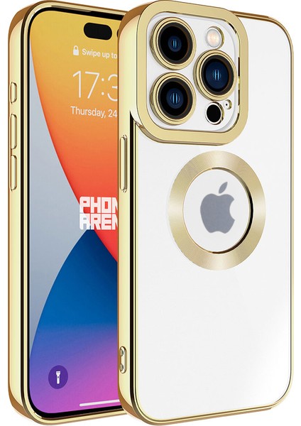 Apple iPhone 15 Promax Kapak Yanları Renkli Lens Korumalı Logo Gösteren Şeffaf Luxury Silikon Kılıf - Gold