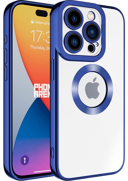 Apple iPhone 15 Pro Kapak Yanları Renkli Lens Korumalı Logo Gösteren Şeffaf Luxury Silikon Kılıf - Mavi