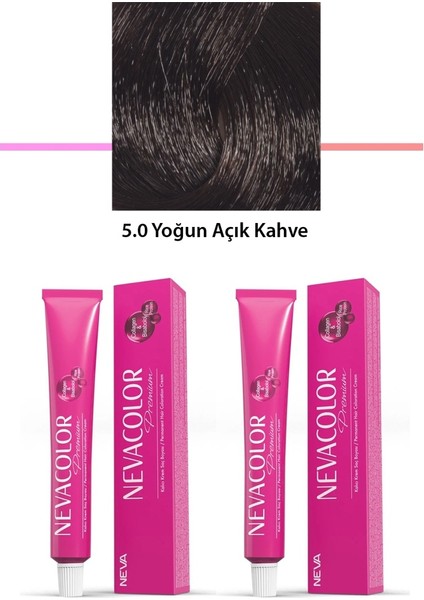 2'li Set Premium 5.0 Yoğun Açık Kahve - Kalıcı Krem Saç Boyası 2 x 50 G Tüp