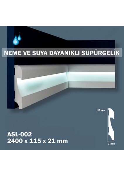 11.5 cm Polimer Beyaz Ledli Lake Süpürgelik, LED Kanallı ASL-002 ( 1 Adet Sipariş 240 Cm'dir)