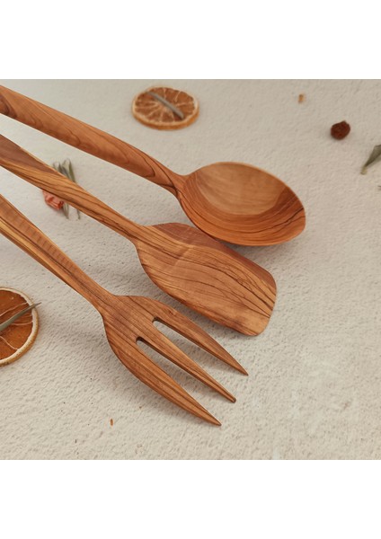 Ahşap Tahta Servis, Sunum Kaşık, Spatula, Çatal Seti - El Yapımı Zeytin Ağacı
