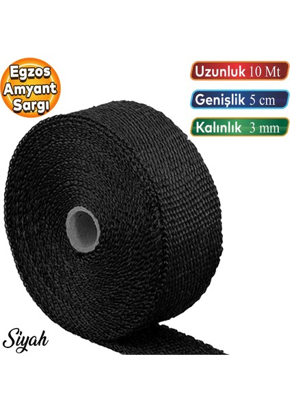 10 Metre 5 cm Cam Elyaf Eksoz Sargısı Manifold Sargı Bezi Yanmaz Bant Siyah Amyant 3 mm (Kalınlık)