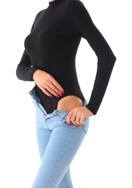 Kadın Viskon Boğazlı Kopçalı Zıbın Body-Siyah