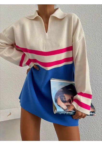 Bej Polo Yaka Çizgili Oversize Mavi Detaylı Triko Kazak