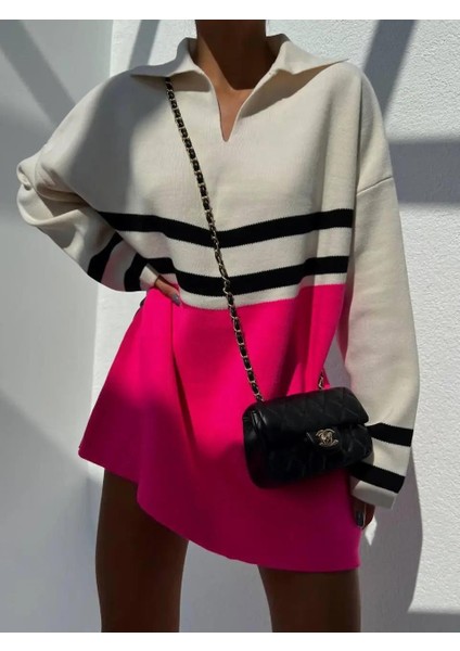 Bej Polo Yaka Çizgili Oversize Pembe Detaylı Triko Kazak