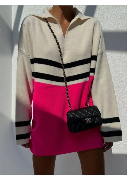 Bej Polo Yaka Çizgili Oversize Pembe Detaylı Triko Kazak fiyatları