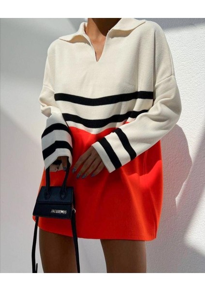 Bej Polo Yaka Çizgili Oversize Turuncu Detaylı Triko Kazak