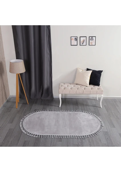 Linos Home Açık Gri Fluffy Düğüm Saçaklı Oval Post Peluş Halı Kaymaz Taban Yumuşacık Yolluk Modern Halı