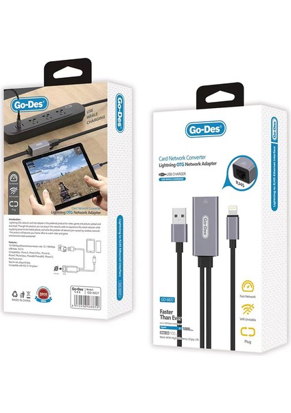 Ethernet Dönüştürücü Go Des GD-6837 RJ45 To Lightning Otg 100MBPS