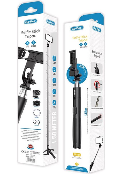 Bluetooth Selfie Çubuğu Go Des GD-ST81 Çok Fonksiyonlu Tripod Stand Özellikli 6 Kademeli Teleskopik modelleri
