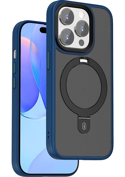 iPhone 15 Pro Uyumlu Kılıf Wiwu ZMM-010 Magsafe Şarj Özellikli Mat Arka Yüzey Standlı Kapak Mavi