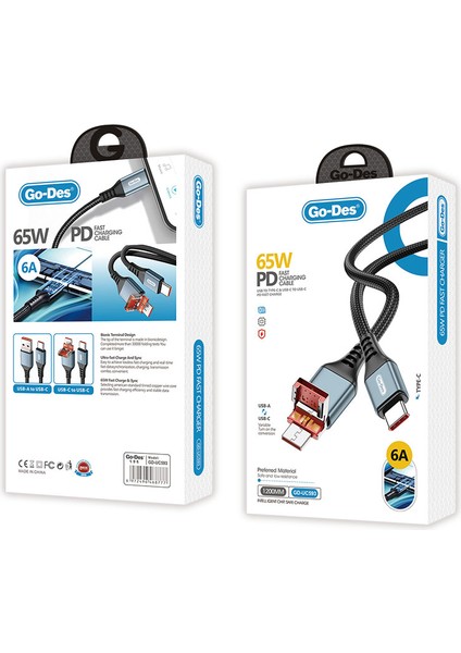 Type-C To Type-C ve Usb-A To Type-C Kablo 1.2m Go Des GD-UC593 Biyonik Terminal Tasarım PD65W
