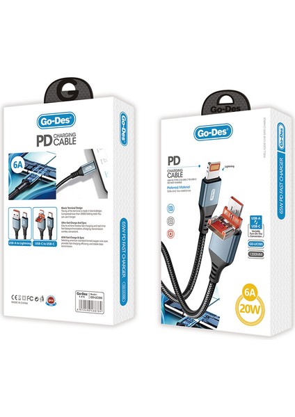 Lightning To Type-C ve Lightning To Usb-A Kablo 1.2m Go Des GD-UC595 Biyonik Terminal Tasarım PD20W