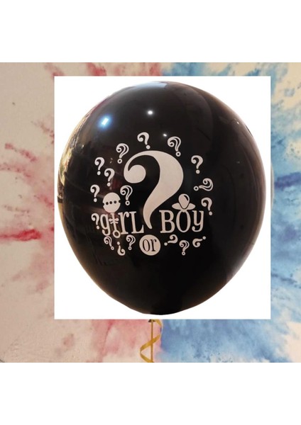 Cinsiyet Belirleme Siyah Balon, 75 cm ,jumbo Büyük Boy, Girl Boy Soru Işaretli, Mavi Pembe Toz