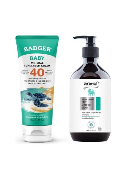 Badger Bebek Güneş Kremi SPF40 ve Sirenol Organik Bebek Şampuanı Set