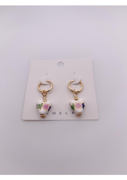 Özel Seri Küpe Porselen Görünümlü Küpe Pembe Çiçekli Küpe Kalpli Küpe