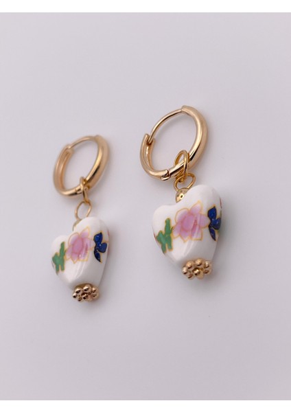 Özel Seri Küpe Porselen Görünümlü Küpe Pembe Çiçekli Küpe Kalpli Küpe modelleri