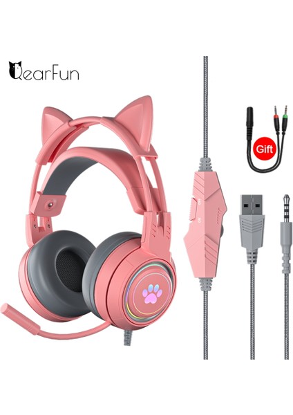 Qearfun Hifi Stereo Pc Kulaklık Oyun Kız Pembe Kedi Mikrofonlu Kulaklıklar Rgb Işık Ps4 Dizüstü Telefon Kablolu Kulaklık (Yurt Dışından)