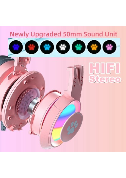 Qearfun Hifi Stereo Pc Kulaklık Oyun Kız Pembe Kedi Mikrofonlu Kulaklıklar Rgb Işık Ps4 Dizüstü Telefon Kablolu Kulaklık (Yurt Dışından)