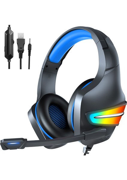 J6 Oyun Stereo Surround Ses Kulaklığı, Işaretli Rgb Işıklı Kafa Bandı ile Hat Içi Kontrol Oyun Bilgisayarı Kulaklığı (Yurt Dışından)