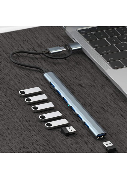 Alüminyum 7 Port USB Tip C 3.0/3.1 Hub Çoklu Splitter Adaptörü Otg USB Güç Adaptörü Pc Dizüstü Mobil Sabit Disk Kart Okuyucu (Yurt Dışından)