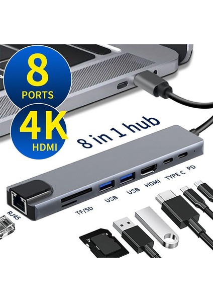 USB C Hub 8 In 1 Tip C 3.1 Ila 4K HDMI Adaptörü ile RJ45 Sd/tf Kart Okuyucu Pd MacBook Dizüstü Dizüstü Bilgisayar Için Hızlı Şarj (Yurt Dışından)
