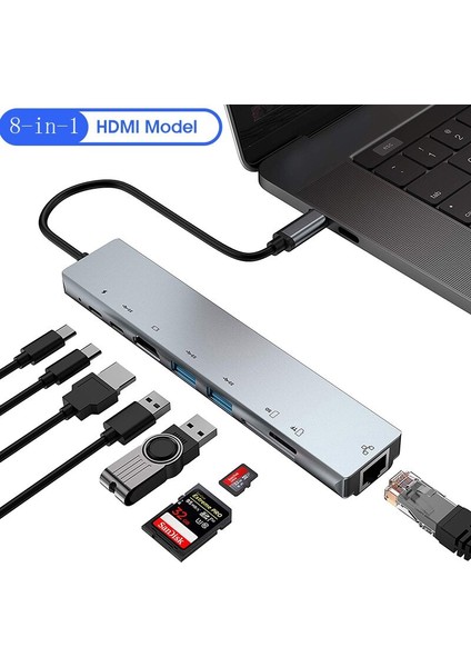 USB C Hub 8 In 1 Tip C 3.1 Ila 4K HDMI Adaptörü ile RJ45 Sd/tf Kart Okuyucu Pd MacBook Dizüstü Dizüstü Bilgisayar Için Hızlı Şarj (Yurt Dışından)