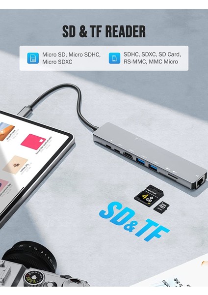 Macbook 8 In 1 Adaptör Pc Için USB C Hub Pd Şarj 8 Bağlantı Noktası Dock Istasyonu RJ45 HDMI Uyumlu Tf/sd Kart Macbook Type-C Splitter (Yurt Dışından)