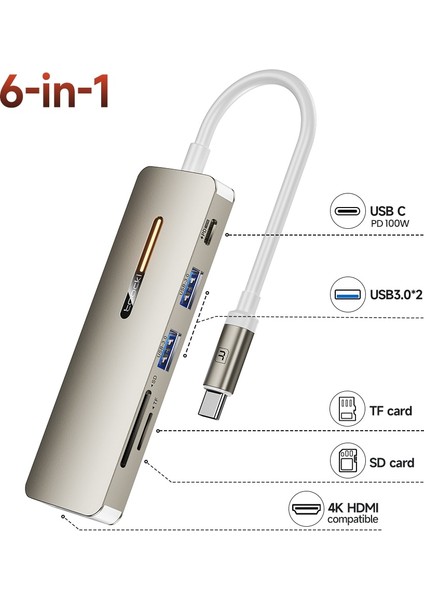 Toocki USB C Hub 6 In 1 Tip C - 4K HDMI Usb3.0 Sd Tf Kart Okuyucu Pd 100W Hızlı Şarj Adaptörü Macbook Için USB Dock Istasyonu (Yurt Dışından)
