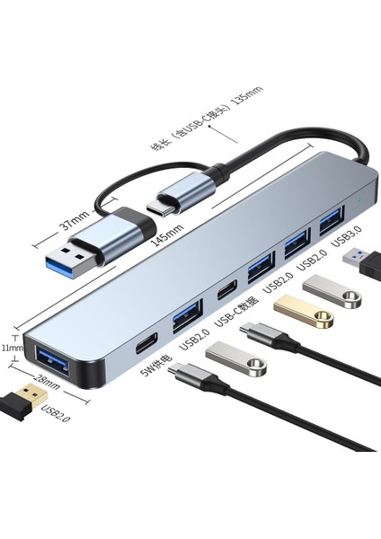 Cerastes 7in2 7 Port 2'si 1 Arada USB 3.0 Hub Tip-C Adaptör USB 2.0 Yüksek Hızlı Iletim Çok Portlu USB Splitter Genişletici Pc Için (Yurt Dışından)