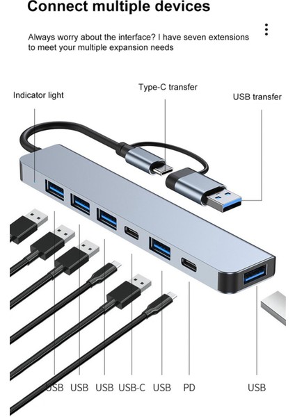 Cerastes 7in2 7 Port 2'si 1 Arada USB 3.0 Hub Tip-C Adaptör USB 2.0 Yüksek Hızlı Iletim Çok Portlu USB Splitter Genişletici Pc Için (Yurt Dışından)