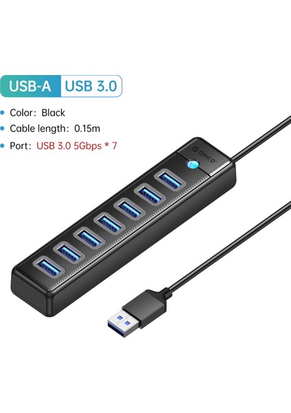 Orıco USB 3.0 Hub 7 Port Splitter Yüksek Hızlı Iletim Tipi C Hub Dizüstü Genişleme Bilgisayar Bilgisayar Aksesuarları (Yurt Dışından)