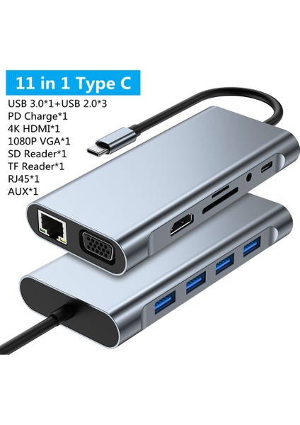4/8/11/12-In-1 Tip C Hub ile 2 HDMI Çoklu Bağlantı Noktası Adaptörü Dock Istasyonu USB 3.0 4K HDMI RJ45 Sd/tf VGA Pd Dizüstü MacBook iPad Için (Yurt Dışından)