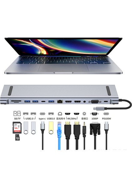 4/8/11/12-In-1 Tip C Hub ile 2 HDMI Çoklu Bağlantı Noktası Adaptörü Dock Istasyonu USB 3.0 4K HDMI RJ45 Sd/tf VGA Pd Dizüstü MacBook iPad Için (Yurt Dışından)